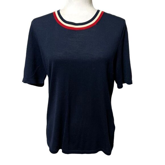 Escada Silk Wool Short-Sleeve Top Large Navy Blue Crewneck Size Large - Picture 1 of 11